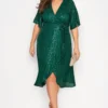 YOURS LONDON Curve Green Sequin Embellished Double Wrap Dress