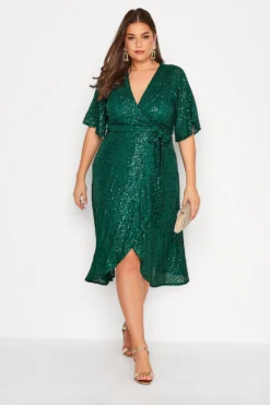 YOURS LONDON Curve Green Sequin Embellished Double Wrap Dress