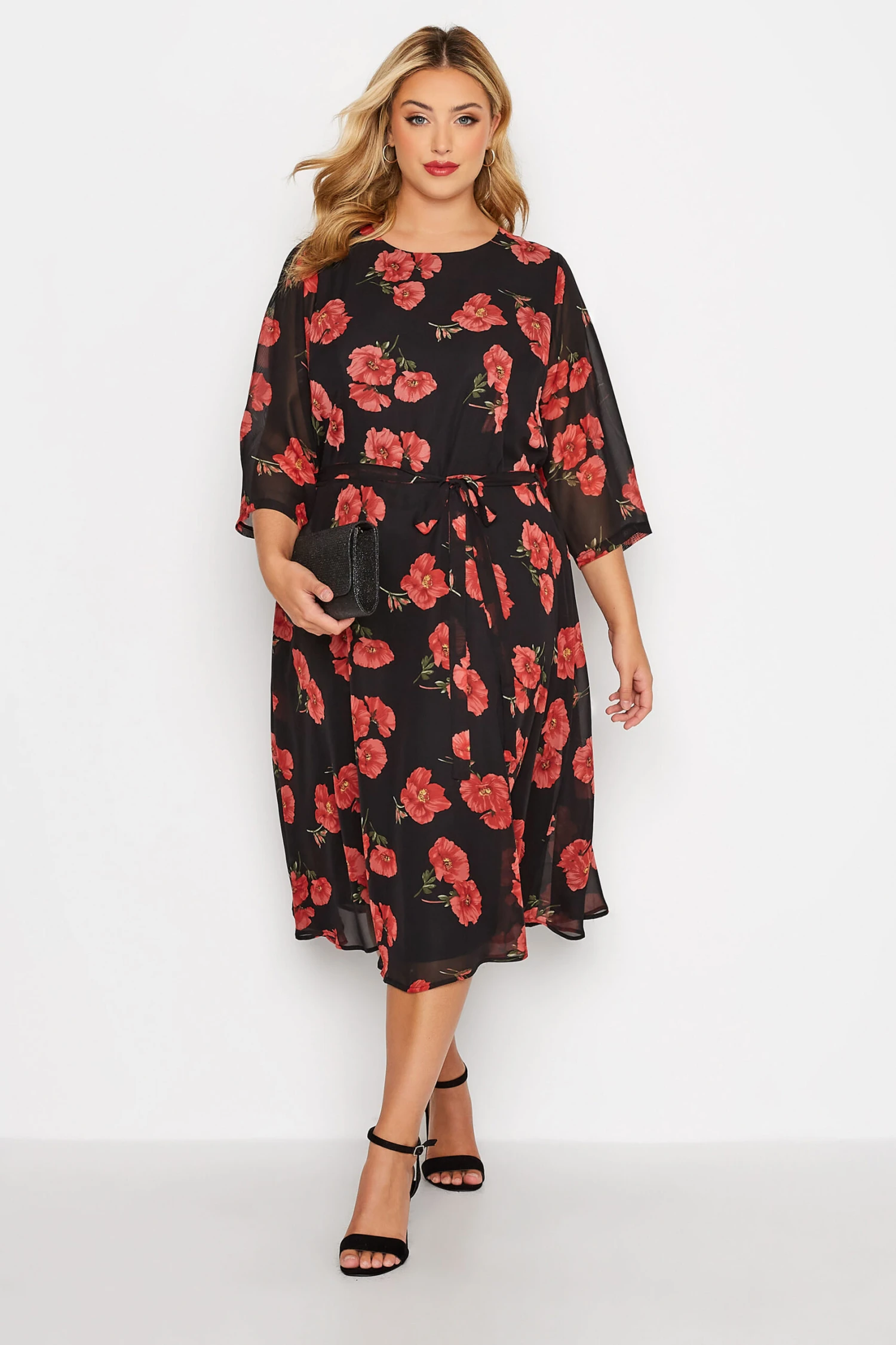 YOURS LONDON Curve Black Poppy Floral Print Dress 1 YOURS LONDON Curve Black Poppy Floral Print Dress