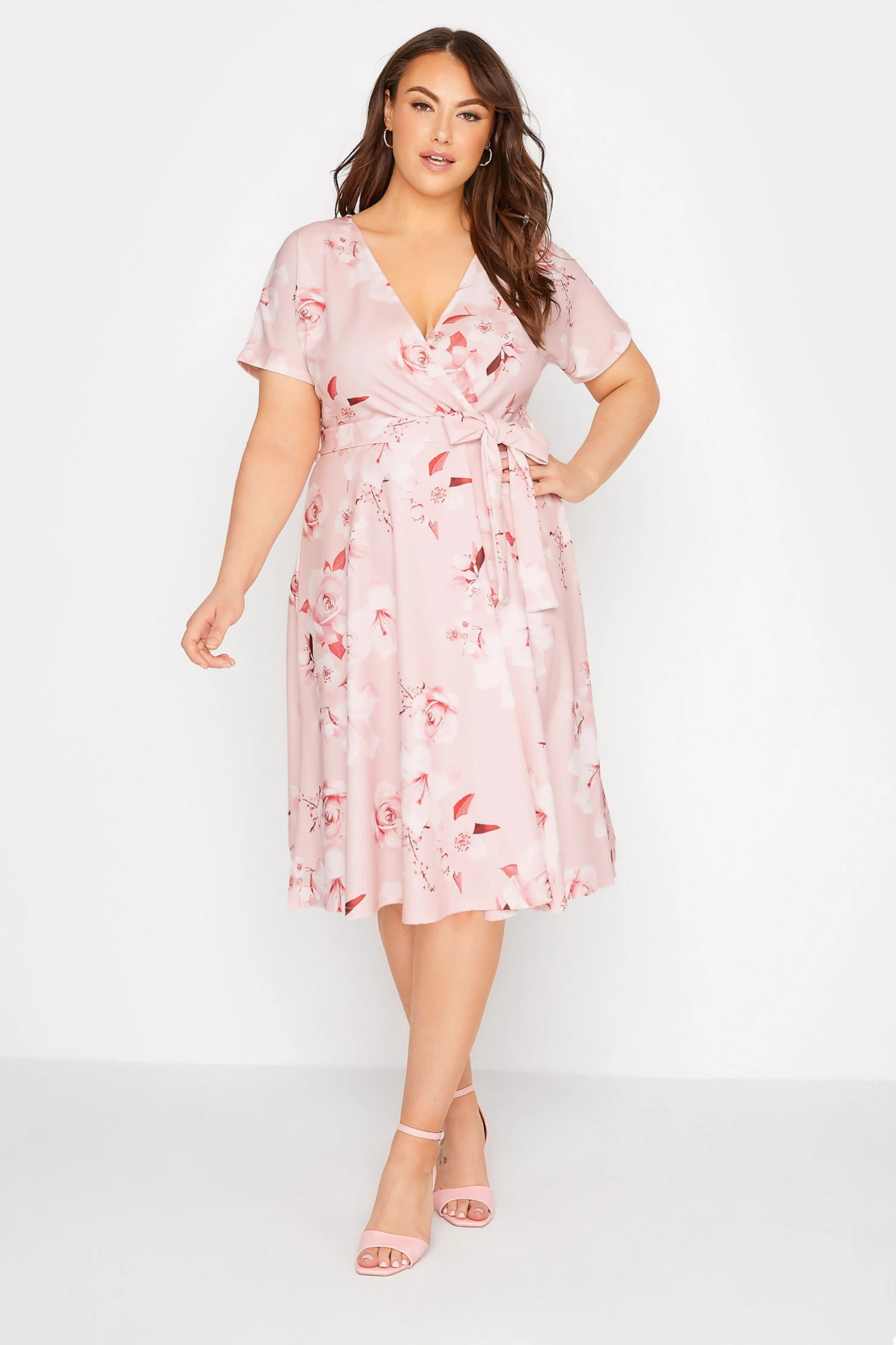 YOURS LONDON Curve Blush Pink Floral Wrap Skater Dress 2 YOURS LONDON Curve Blush Pink Floral Wrap Skater Dress - Image 2