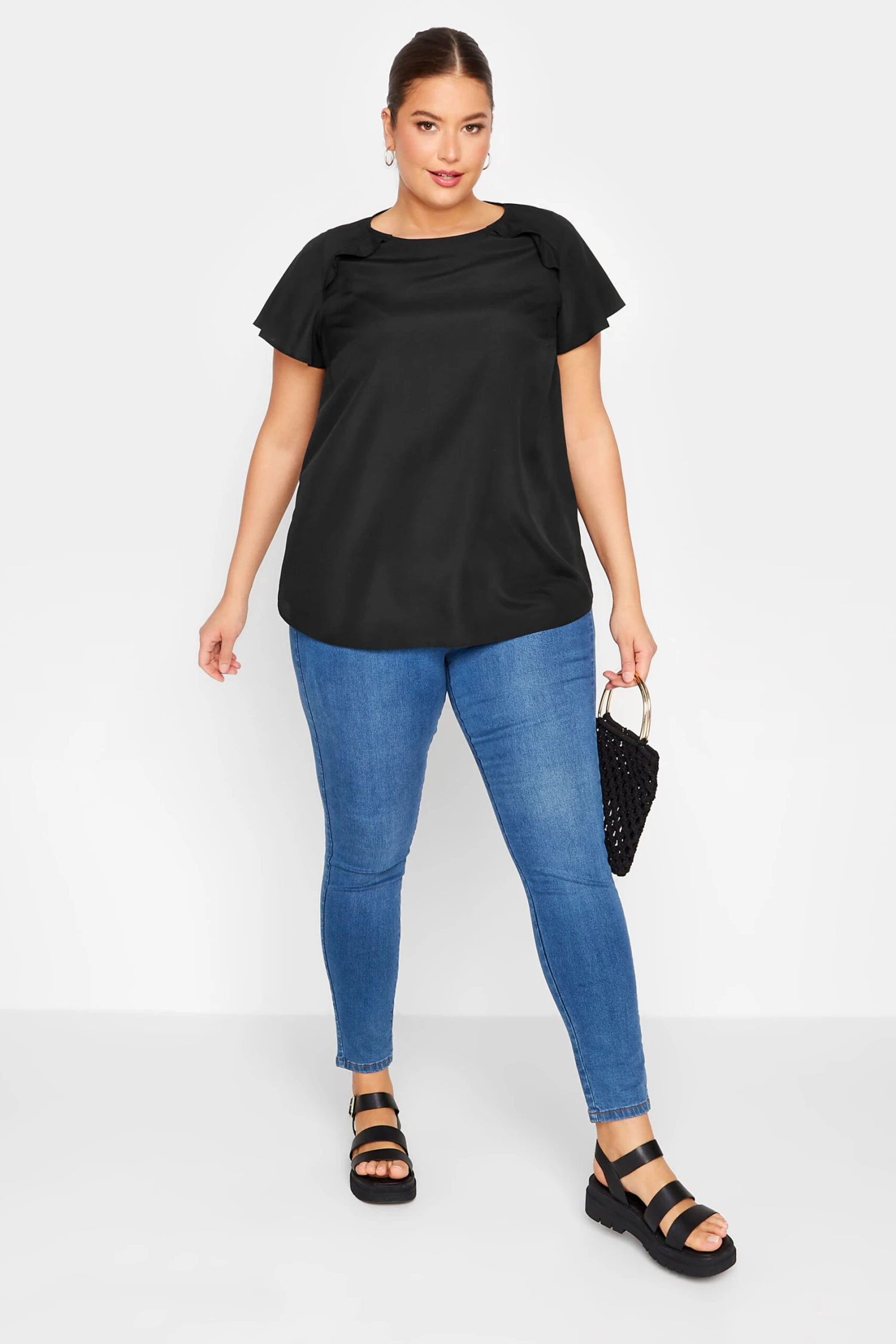 YOURS Curve Black Frill Short Sleeve Blouse 1 YOURS Curve Black Frill Short Sleeve Blouse