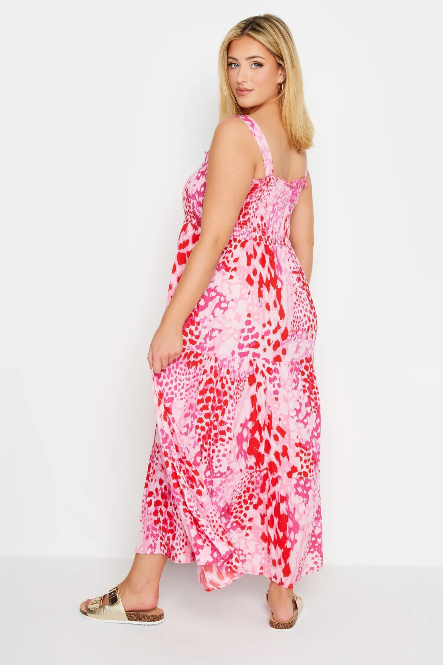 YOURS Curve Pink Animal Markings Shirred Strappy Sundress 2 YOURS Curve Pink Animal Markings Shirred Strappy Sundress - Image 2