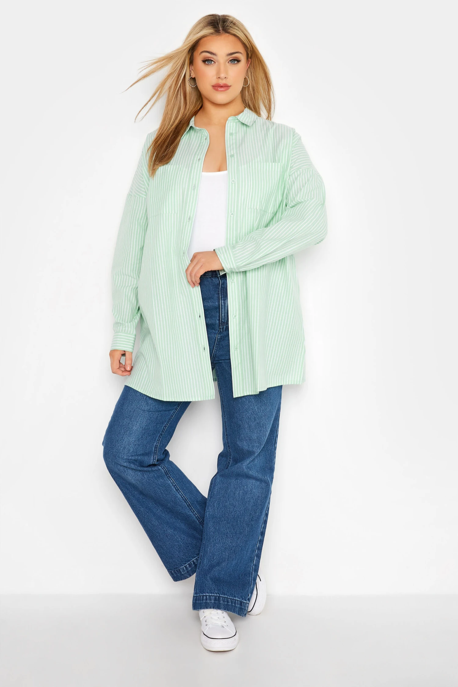 YOURS FOR GOOD Curve Sage Green Stripe Oversized Shirt 1 YOURS FOR GOOD Curve Sage Green Stripe Oversized Shirt