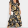 YOURS Curve Black & Yellow Floral Print Frill Sleeve Wrap Maxi Dress