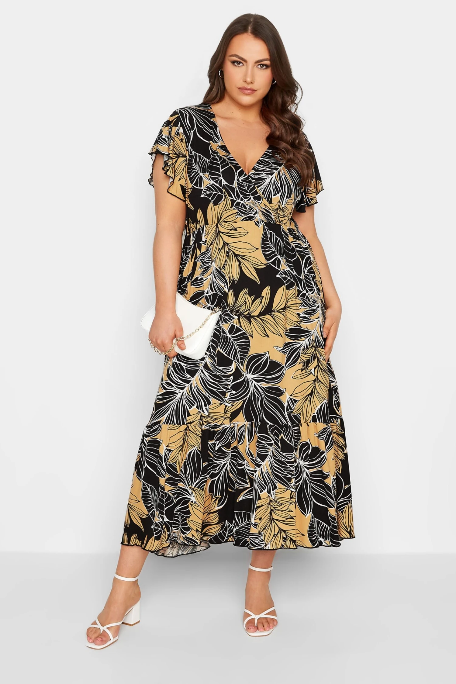 YOURS Curve Black & Yellow Floral Print Frill Sleeve Wrap Maxi Dress 1 YOURS Curve Black & Yellow Floral Print Frill Sleeve Wrap Maxi Dress