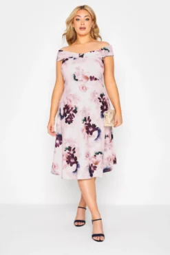 YOURS LONDON Curve Pink Floral Bow Bardot Skater Dress