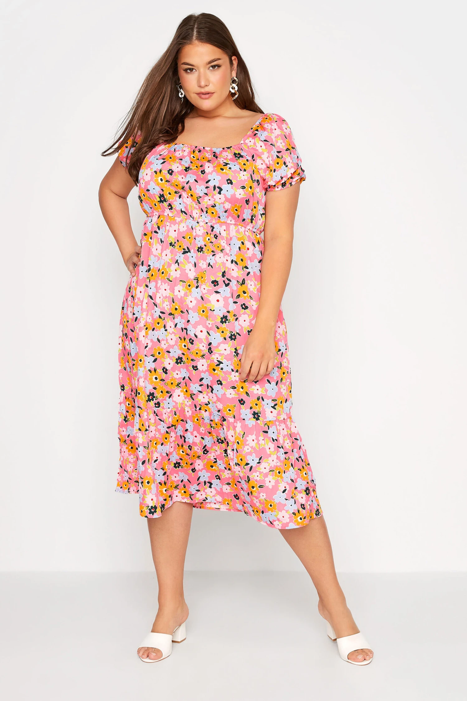 YOURS Curve Pink Floral Square Neck Midaxi Dress 1 YOURS Curve Pink Floral Square Neck Midaxi Dress