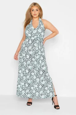 YOURS LONDON Curve Blue Leopard Print Halter Neck Maxi Dress