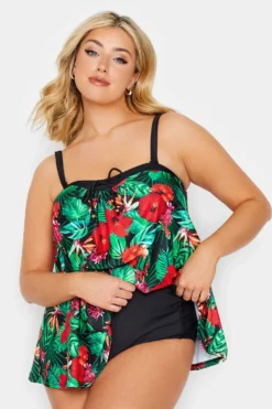 YOURS Curve Black Rainforest Print A-Line Tankini Top