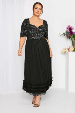 LUXE Curve Black Sequin Sweetheart Ruffle Maxi Dress