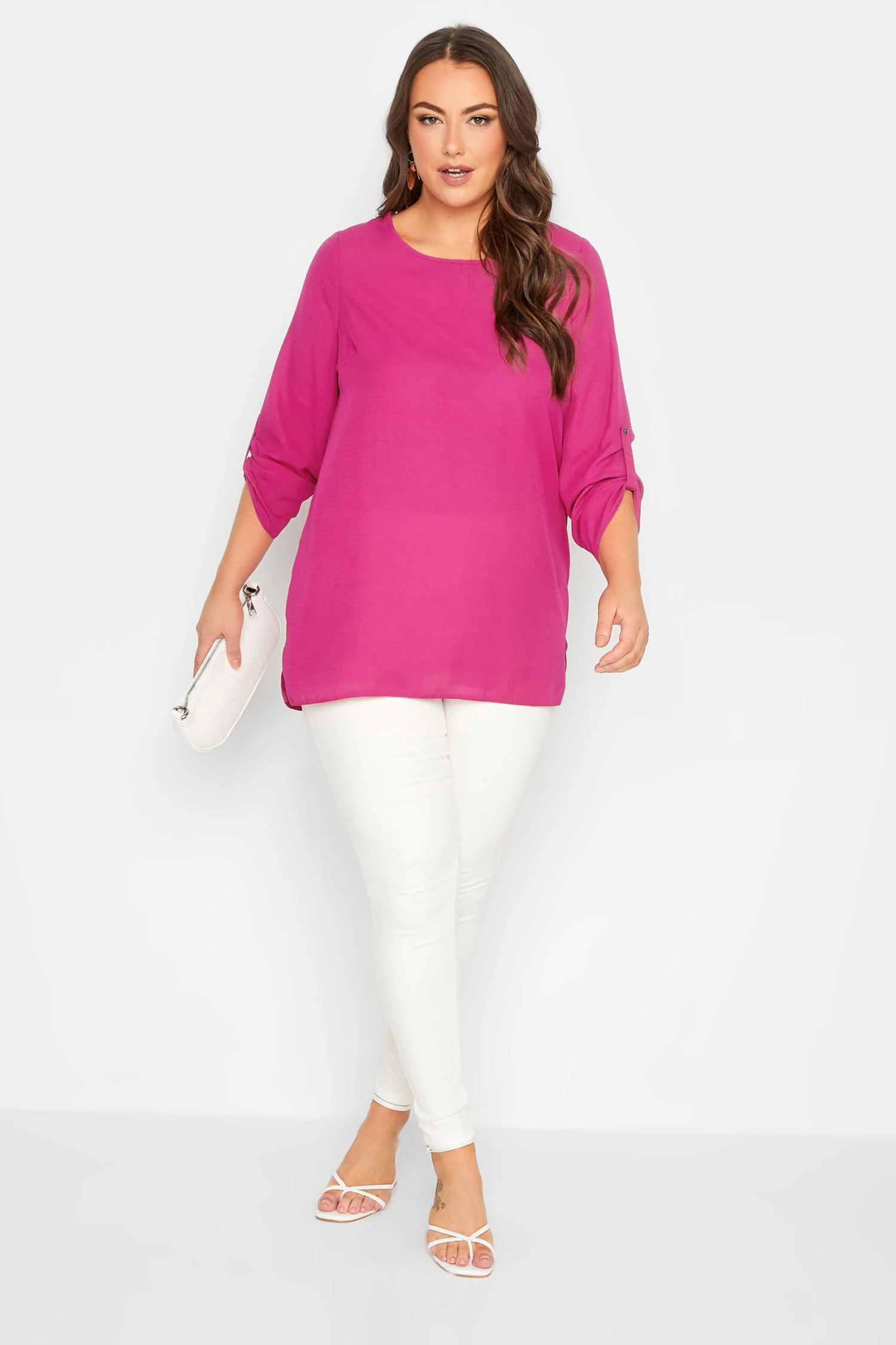YOURS Curve Dark Pink Tab Sleeve Blouse 1 YOURS Curve Dark Pink Tab Sleeve Blouse