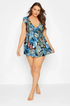 YOURS Curve Black Leaf Print Angel Sleeve Tummy Control Swim Dress