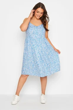 YOURS Curve Blue Ditsy Floral Strappy Sundress