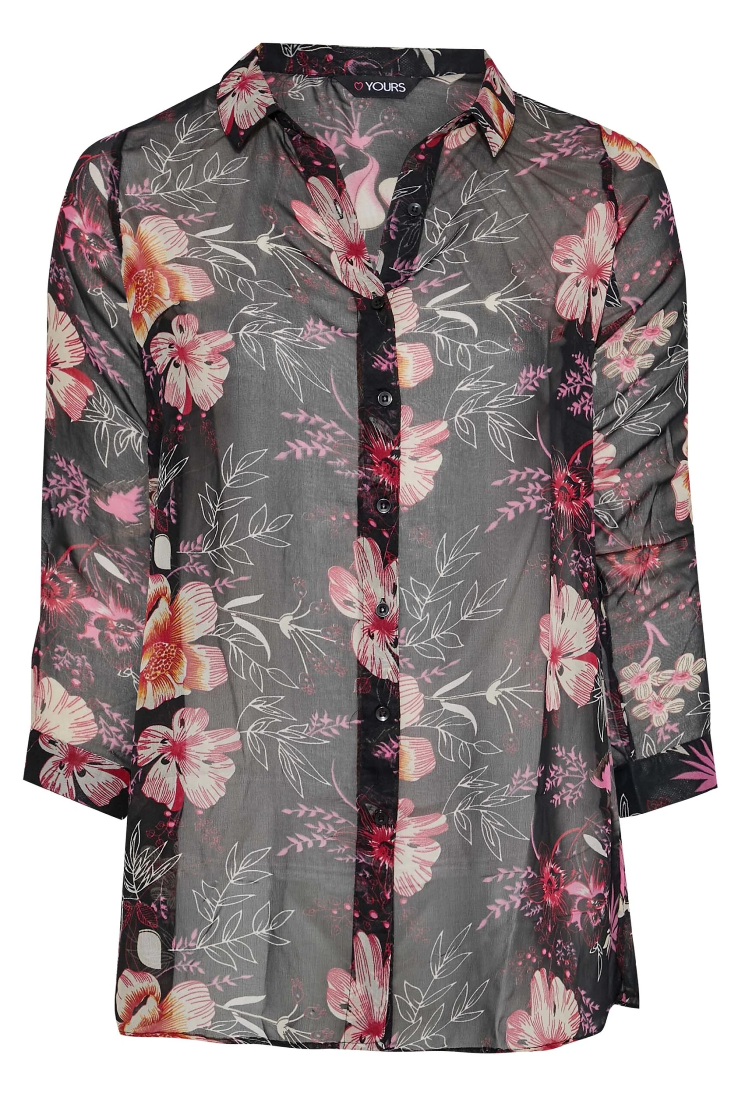 YOURS Curve Black & Pink Floral Print Button Through Shirt 6 YOURS Curve Black & Pink Floral Print Button Through Shirt - Image 6