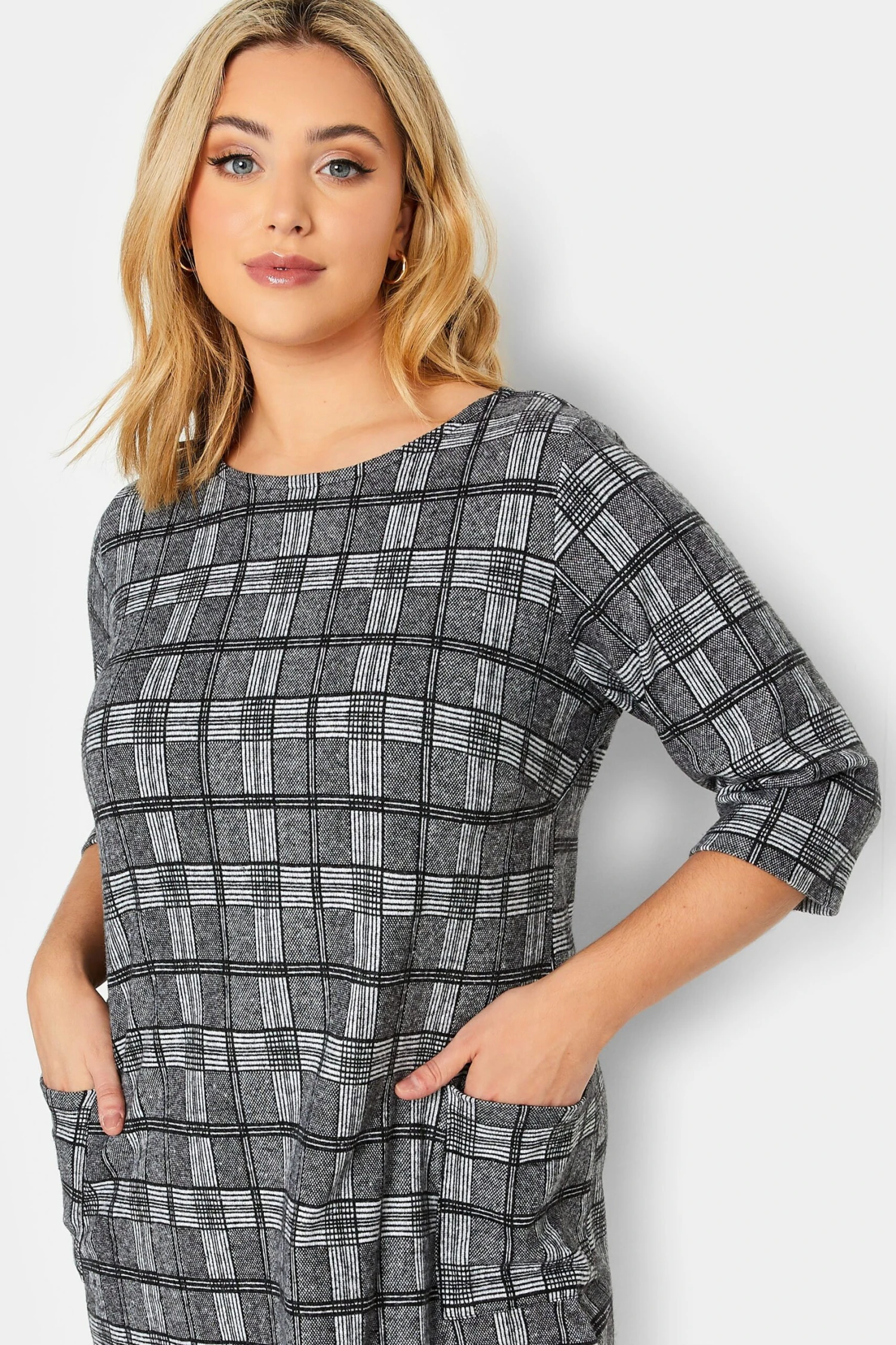 YOURS Curve Grey Check Print Soft Touch Tunic Dress 3 YOURS Curve Grey Check Print Soft Touch Tunic Dress - Image 3