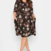 YOURS Curve Black Floral Print Drape Pocket Dress