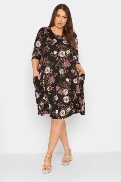 YOURS Curve Black Floral Print Drape Pocket Dress
