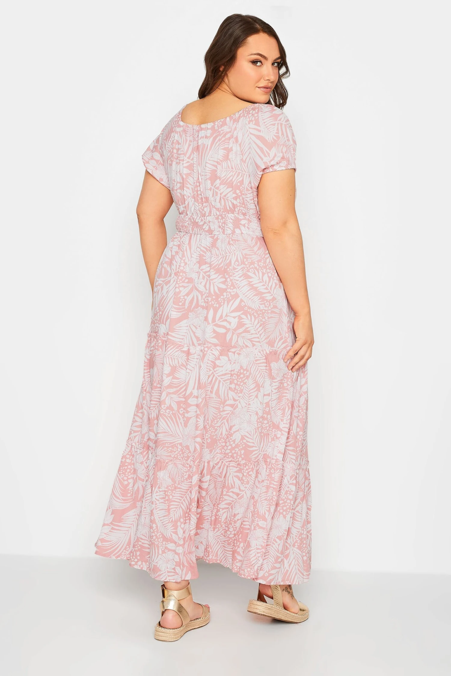 YOURS Curve Pink Tropical Print Bardot Maxi Dress 2 YOURS Curve Pink Tropical Print Bardot Maxi Dress - Image 2