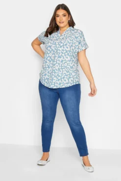 YOURS Curve Blue Animal Print Half Placket Blouse