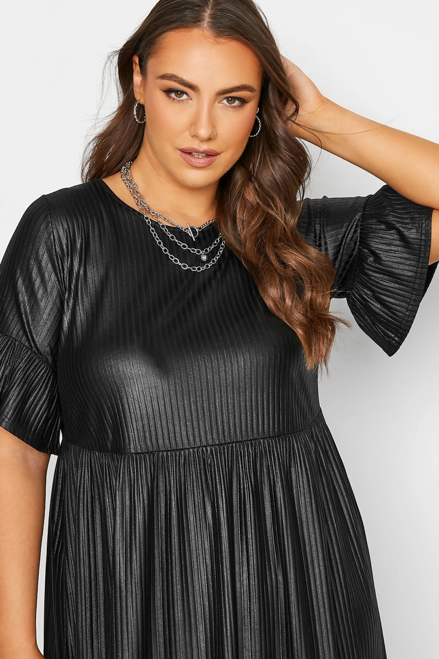 YOURS Curve Black Wet Look Ribbed Smock Tunic Dress 3 YOURS Curve Black Wet Look Ribbed Smock Tunic Dress - Image 3