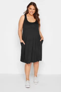 Curve Black Sleeveless Drape Pocket Midi Dress