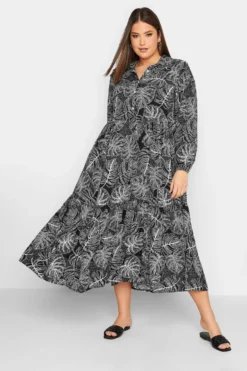 YOURS Curve Black Leaf Print Shirt Dress