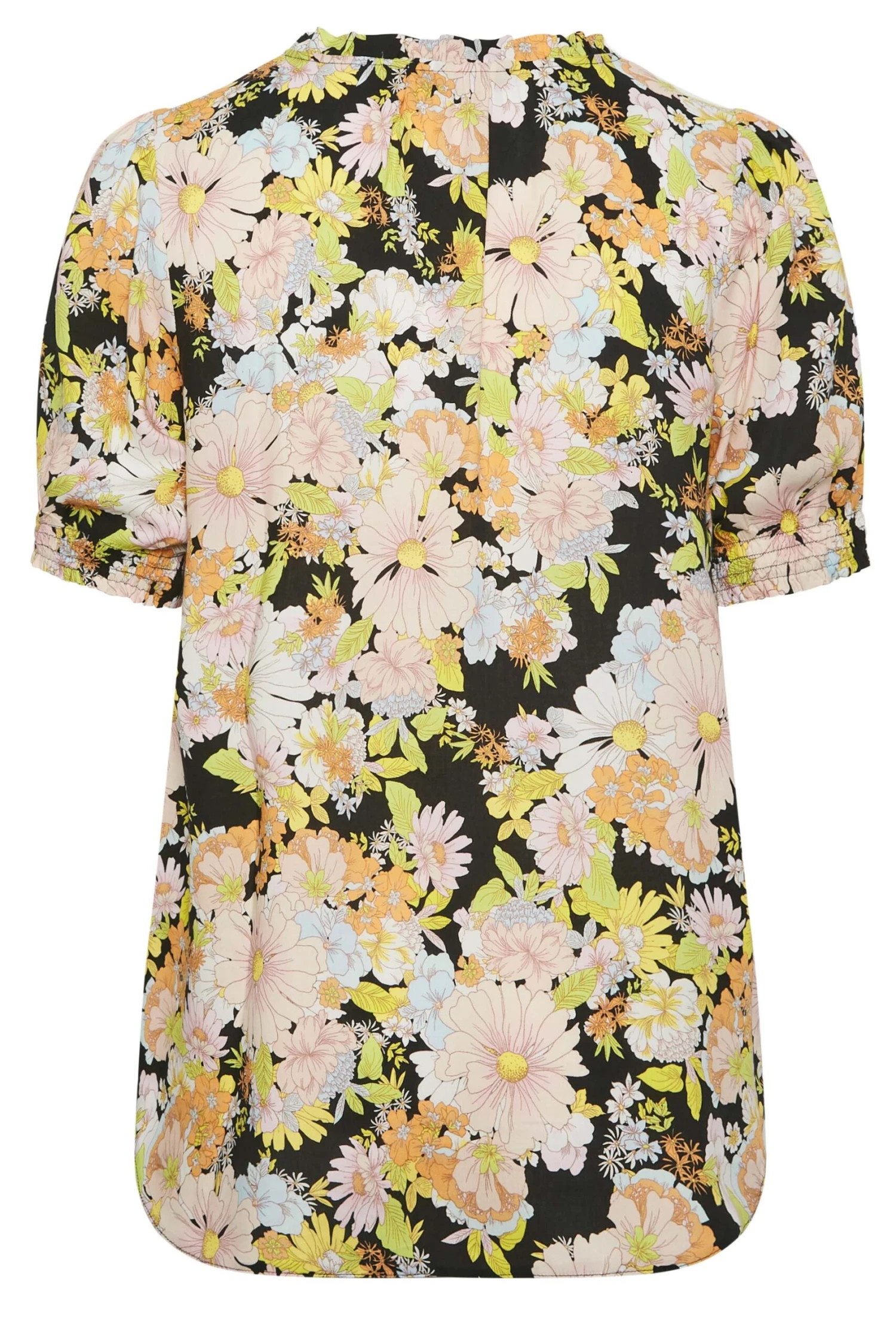 YOURS Curve Black & Yellow Floral Print Tie Neck Blouse 6 YOURS Curve Black & Yellow Floral Print Tie Neck Blouse - Image 6