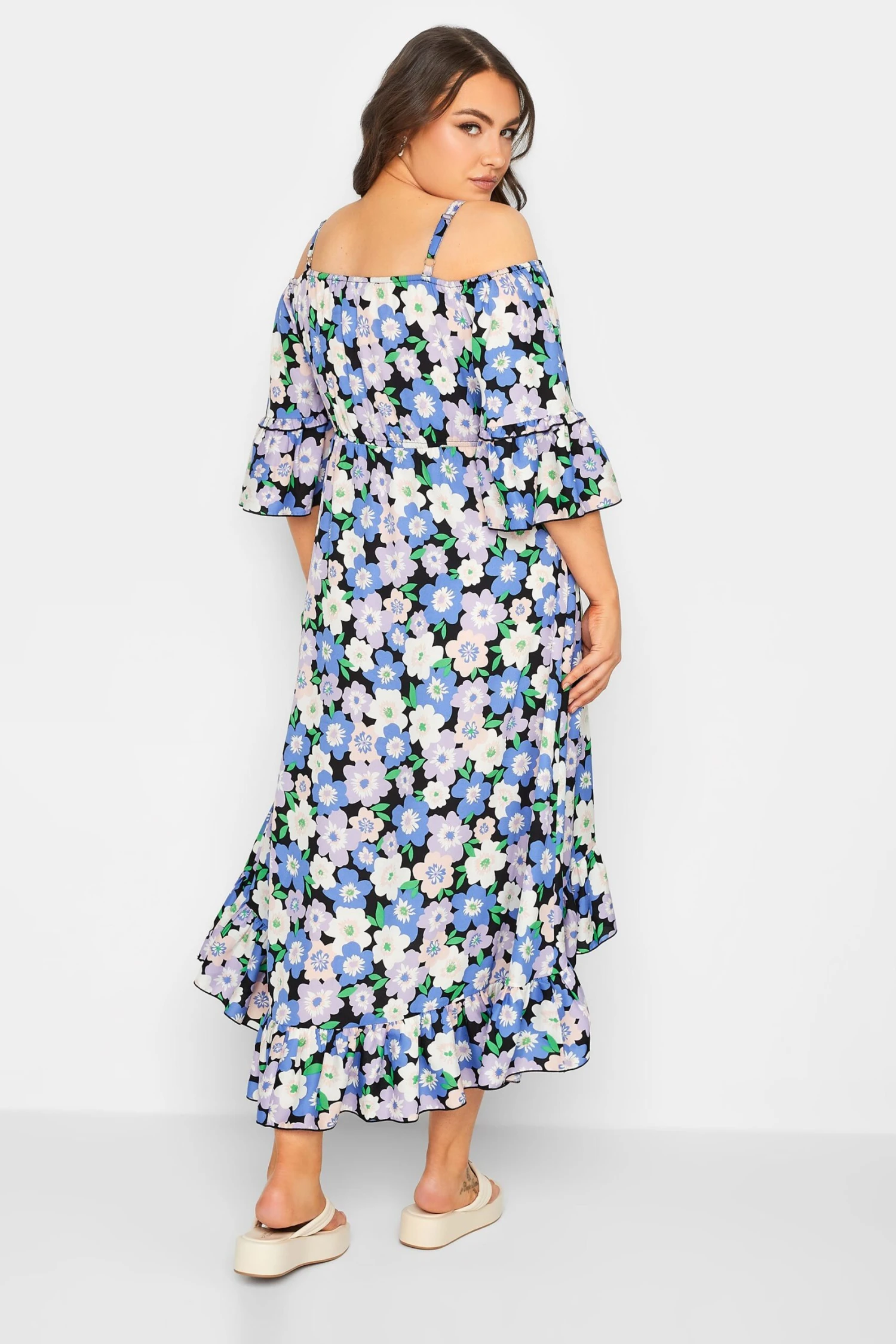 YOURS Curve Purple Floral Cold Shoulder Midaxi Dress 2 YOURS Curve Purple Floral Cold Shoulder Midaxi Dress - Image 2