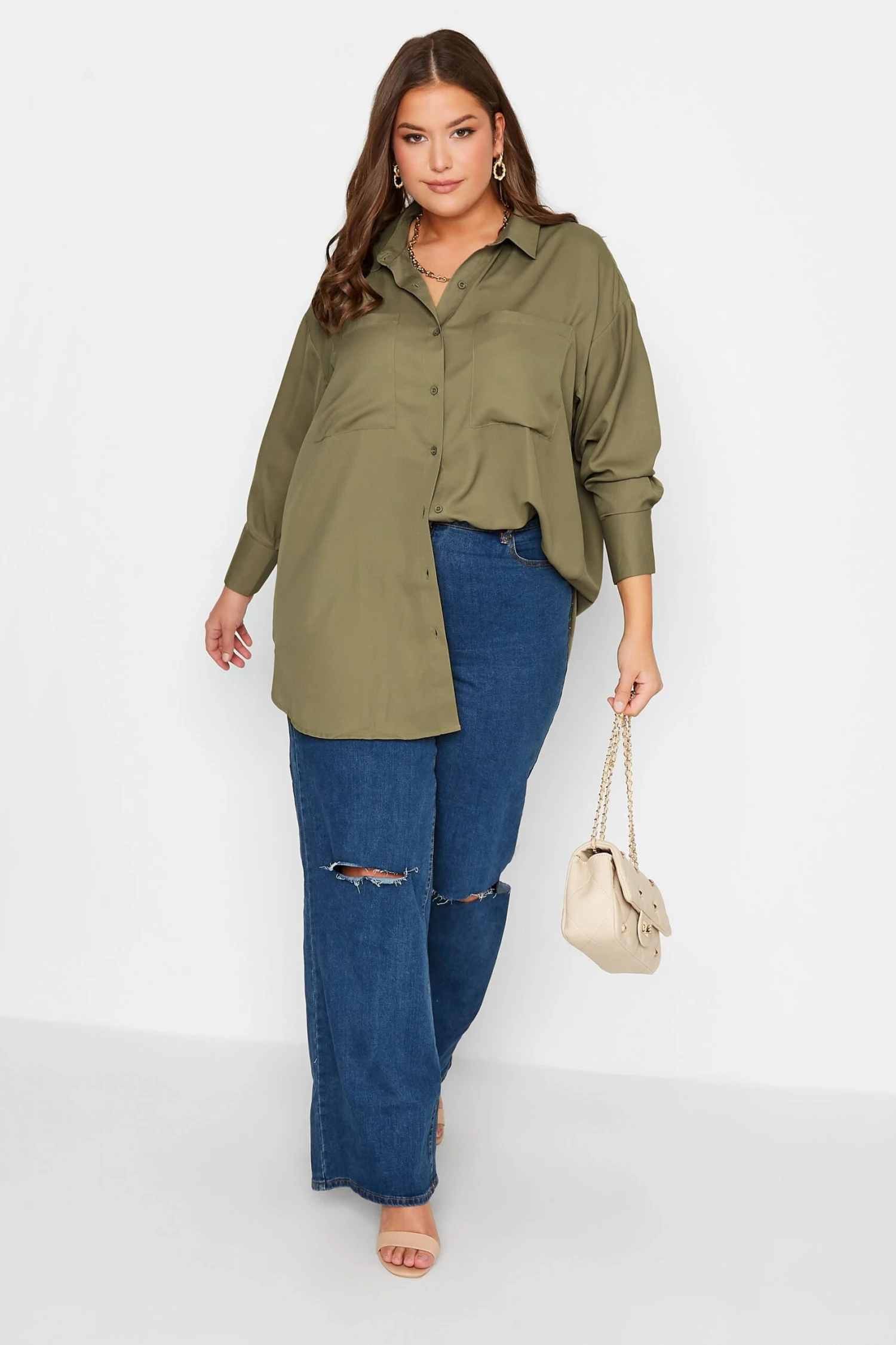 YOURS Curve Khaki Green Oversized Boyfriend Shirt 1 YOURS Curve Khaki Green Oversized Boyfriend Shirt