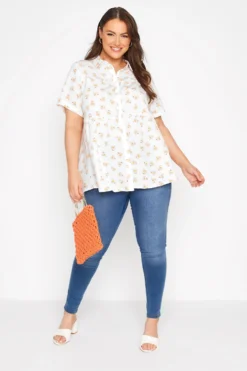 YOURS Curve White Floral Frill Detail Peplum Shirt