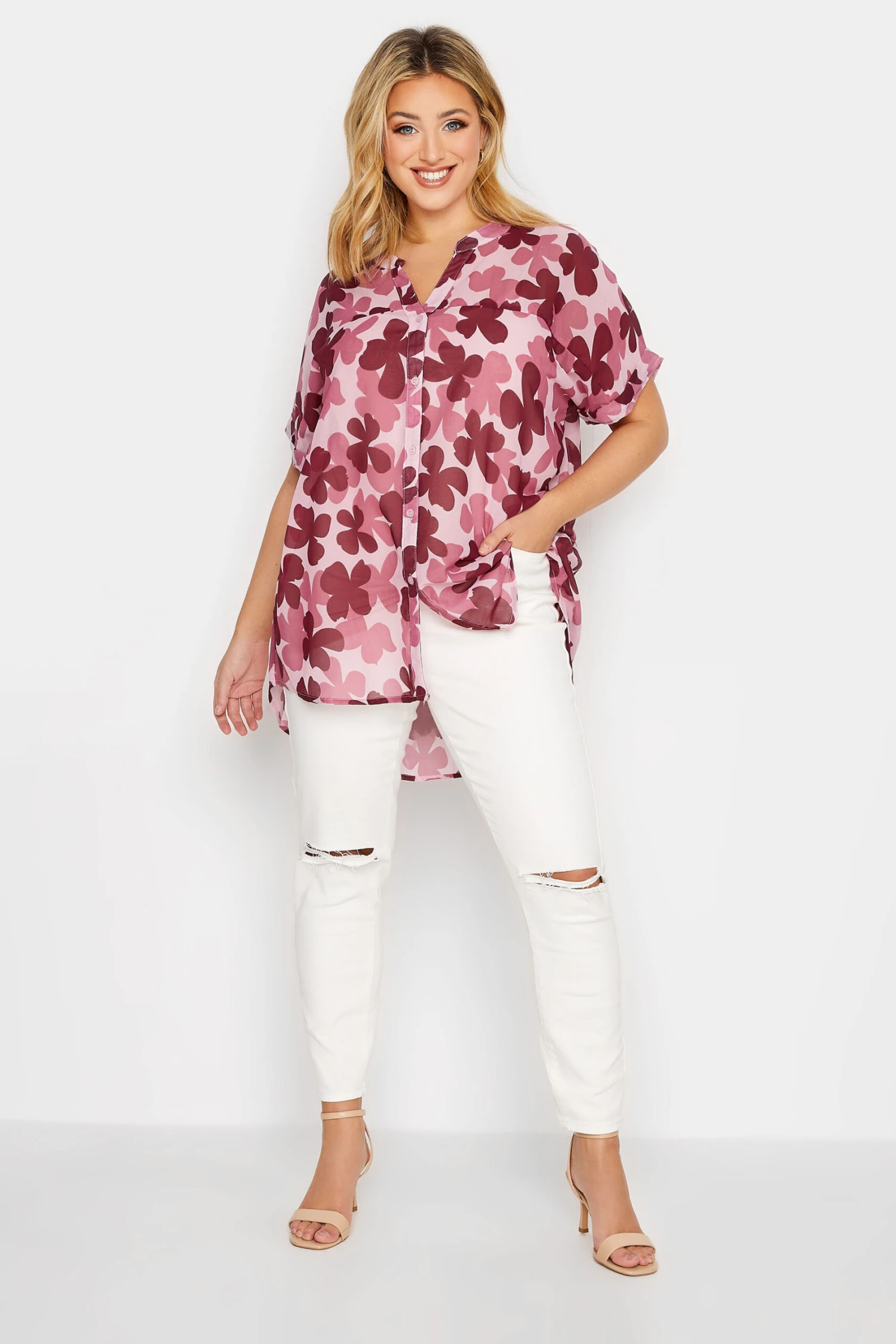 YOURS Curve Pink Floral Print Chiffon Grown On Sleeve Shirt 1 YOURS Curve Pink Floral Print Chiffon Grown On Sleeve Shirt