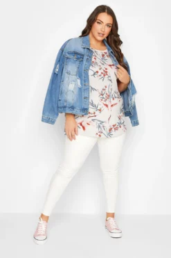 YOURS Curve White Floral Print Tab Sleeve Blouse