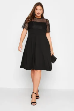 YOURS LONDON Curve Black Lace Sleeve Skater Dress