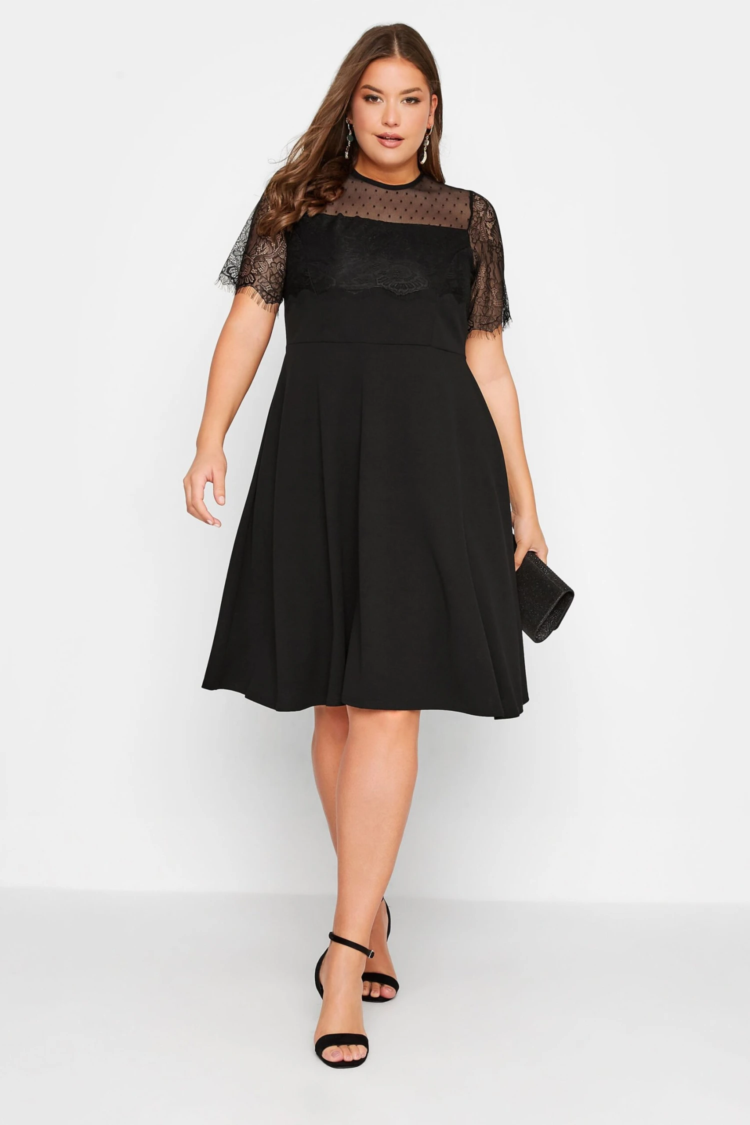 YOURS LONDON Curve Black Lace Sleeve Skater Dress 1 YOURS LONDON Curve Black Lace Sleeve Skater Dress