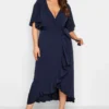 YOURS LONDON Curve Navy Blue Short Sleeve Ruffle Wrap Maxi Dress