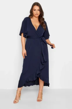 YOURS LONDON Curve Navy Blue Short Sleeve Ruffle Wrap Maxi Dress