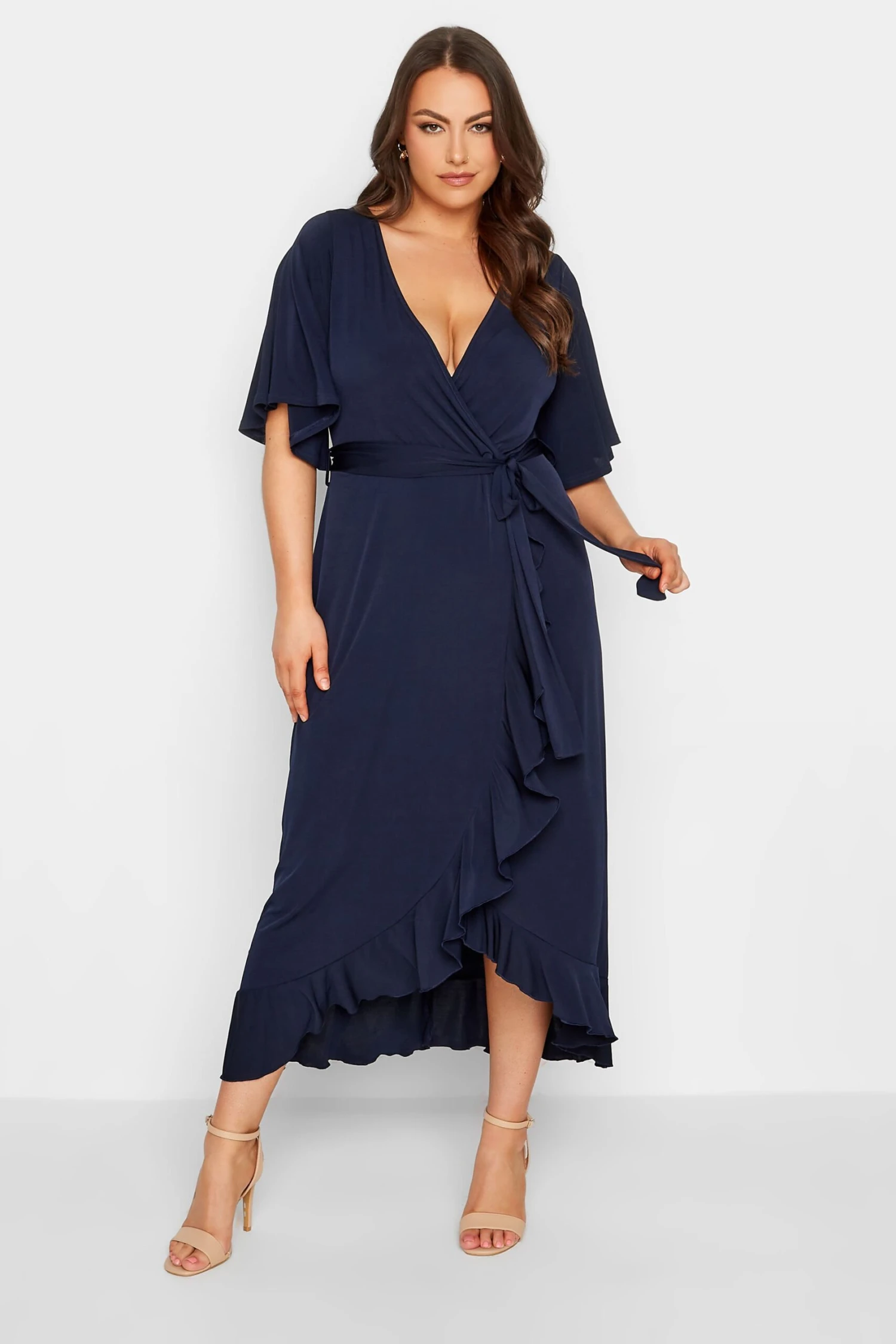 YOURS LONDON Curve Navy Blue Short Sleeve Ruffle Wrap Maxi Dress 1 YOURS LONDON Curve Navy Blue Short Sleeve Ruffle Wrap Maxi Dress