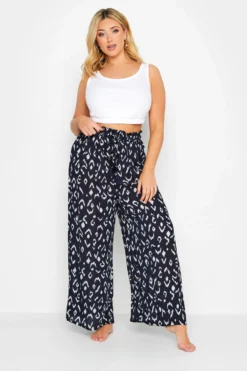 YOURS Curve Navy Blue Animal Print Wide Leg Beach Trousers