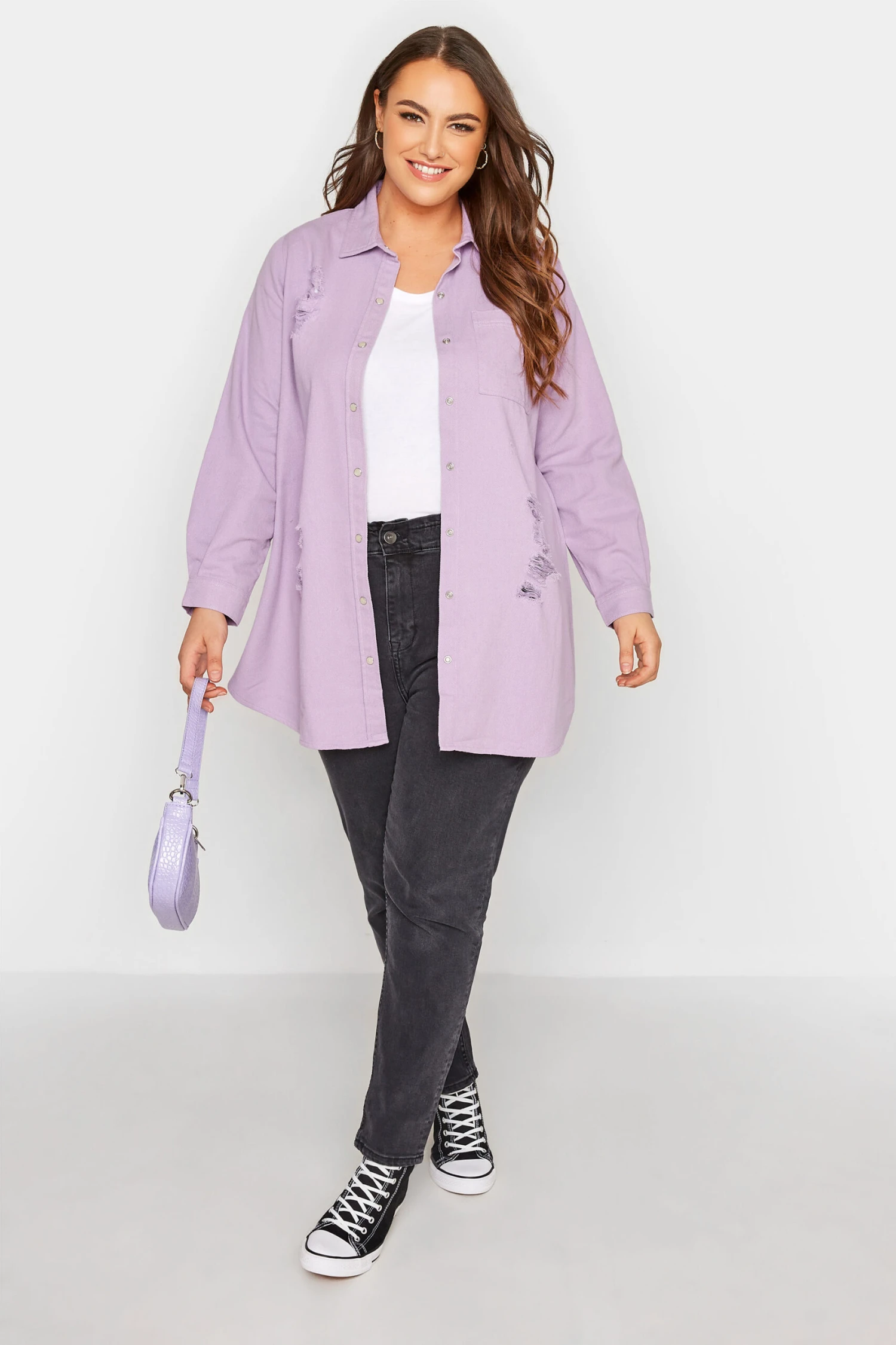 YOURS Curve Lilac Purple Distressed Denim Shirt 1 YOURS Curve Lilac Purple Distressed Denim Shirt