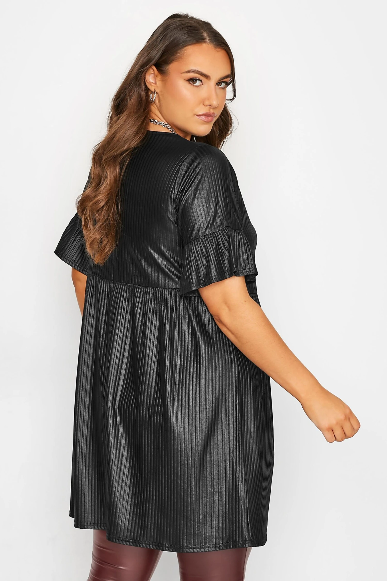 YOURS Curve Black Wet Look Ribbed Smock Tunic Dress 2 YOURS Curve Black Wet Look Ribbed Smock Tunic Dress - Image 2