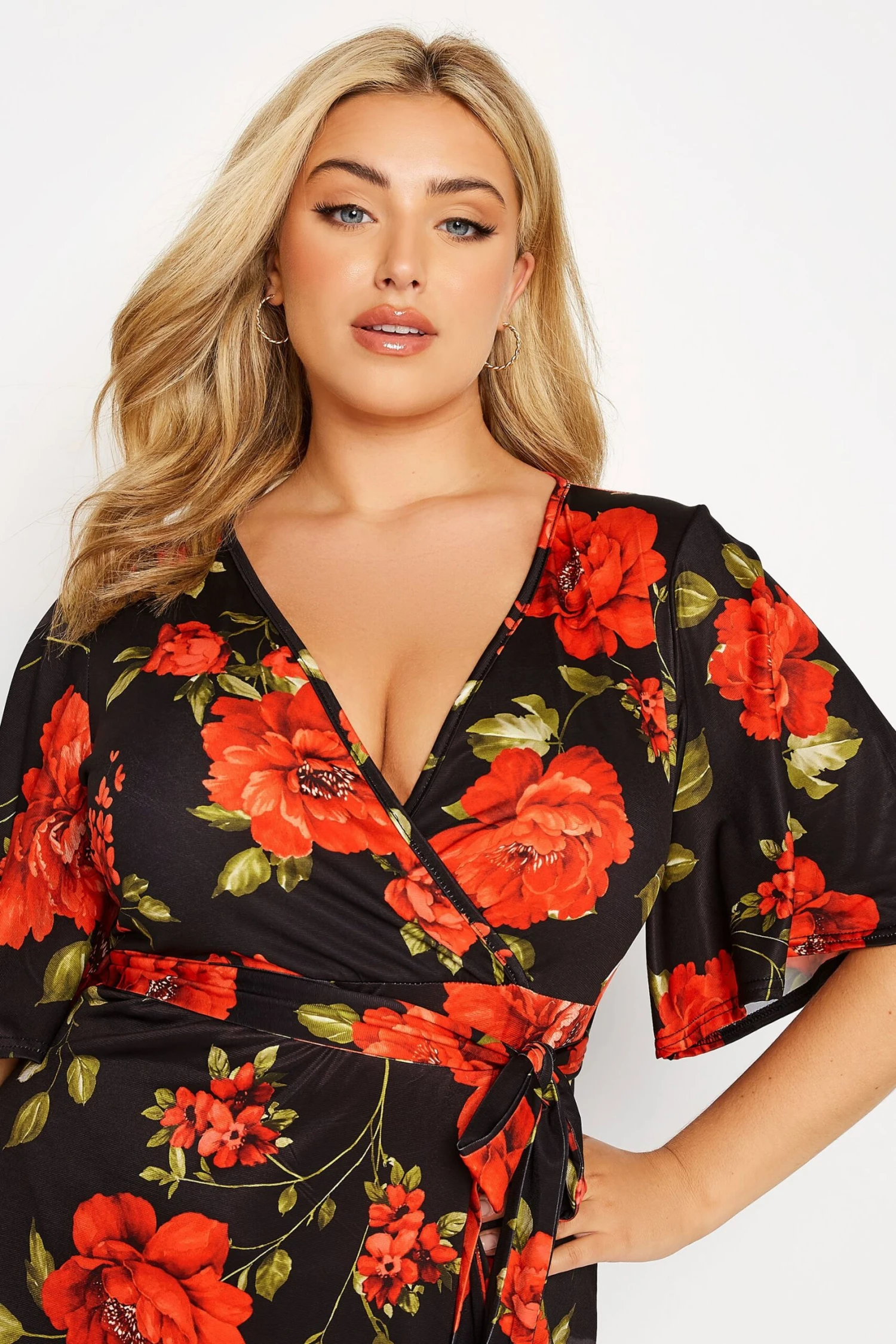 YOURS LONDON Curve Black & Red Floral Hanky Hem Dress 3 YOURS LONDON Curve Black & Red Floral Hanky Hem Dress - Image 3