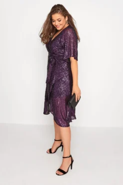 YOURS LONDON Curve Purple Sequin Embellished Double Wrap Dress