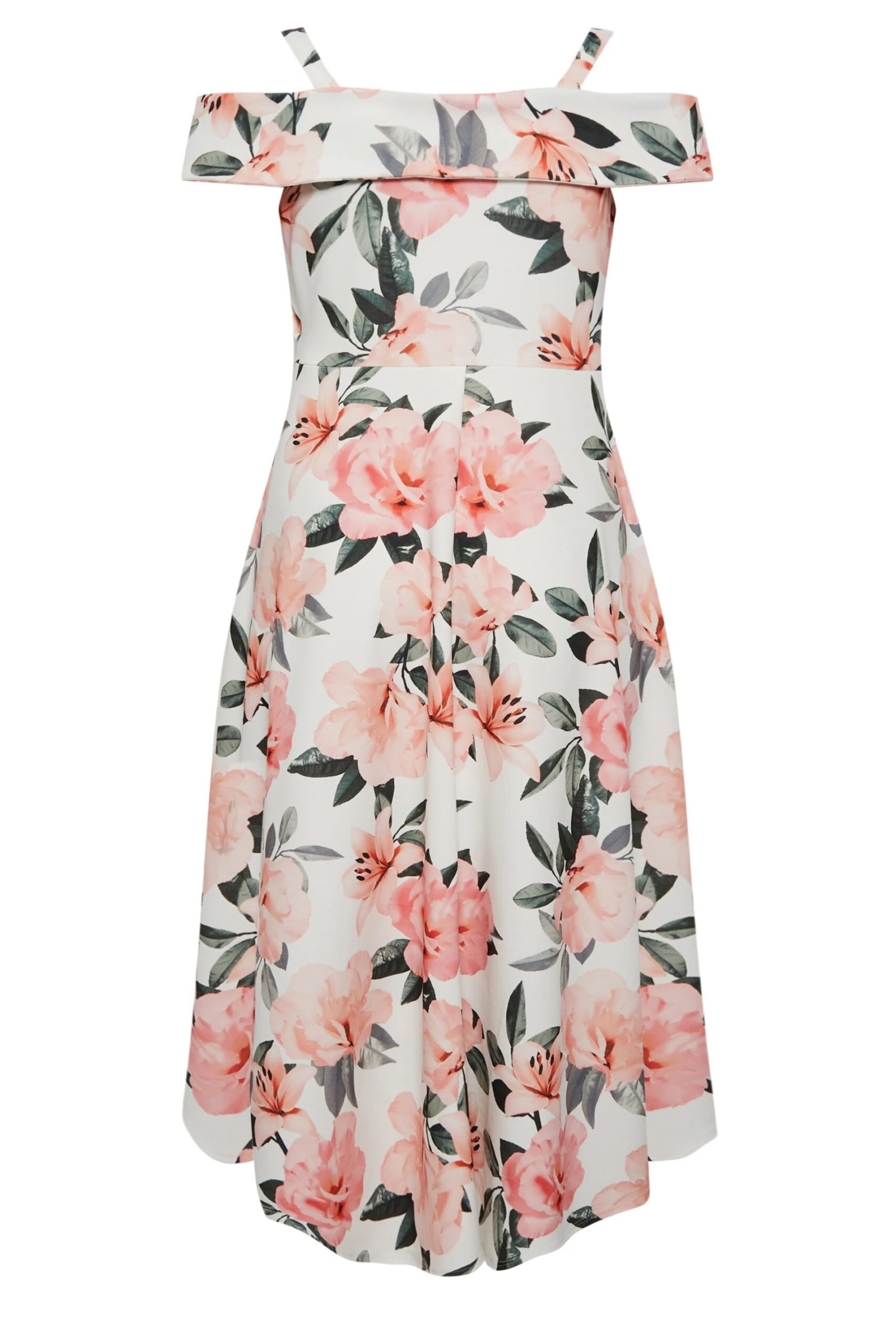 YOURS LONDON Curve White & Pink Floral Bardot Midi Dress 6 YOURS LONDON Curve White & Pink Floral Bardot Midi Dress - Image 6