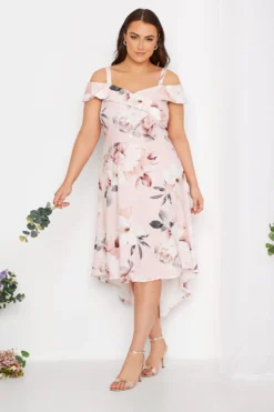 YOURS LONDON Curve Light Pink Floral Bardot High Low Midi Dress