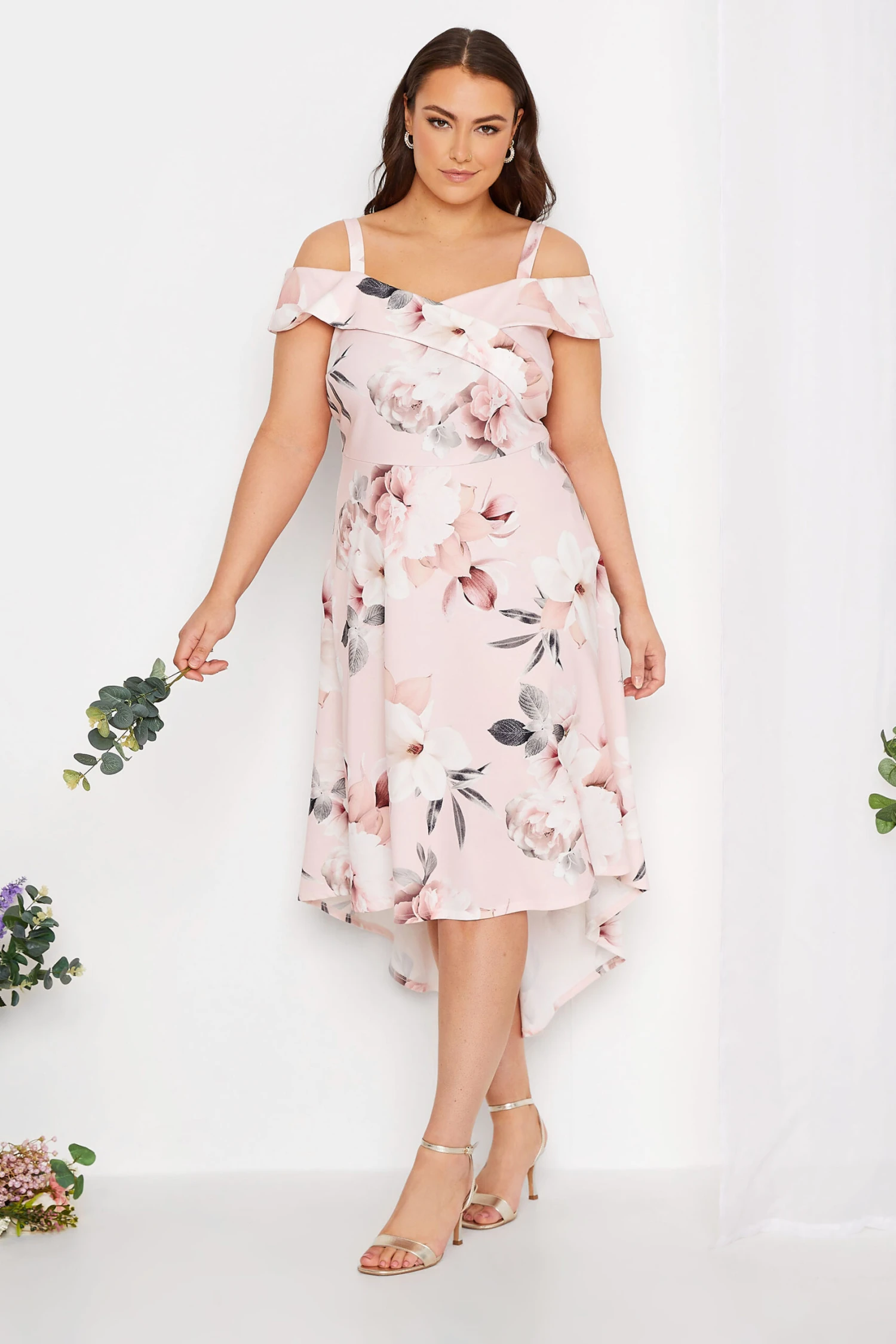 YOURS LONDON Curve Light Pink Floral Bardot High Low Midi Dress 1 YOURS LONDON Curve Light Pink Floral Bardot High Low Midi Dress