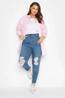 YOURS Curve Mid Blue Stretch Ripped Knee AVA Jeans