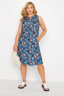 YOURS Curve Blue Floral Print Sleeveless Shirt Dress