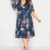 YOURS PETITE Curve Navy Blue Floral Print Mesh Midi Wrap Dress