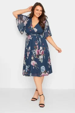 YOURS PETITE Curve Navy Blue Floral Print Mesh Midi Wrap Dress