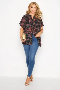 YOURS Curve Black Floral Short Frill Sleeve Shirt